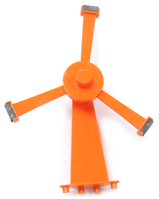 An orange, three-branched robotic side brush for a vacuum cleaner, designed to clean edges and corners. Each branch, reminiscent of an E-Blox® Magnetic Spinner - E-Blox®, features a small black brush pad at the end.