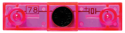 A pink plastic object with three vertical tubes, each containing a small bubble for leveling. The left tube is labeled "78" and the right tube is labeled "+01". The center tube, featuring a round dark point, almost resembles a component from the E-Blox® Circuit Blox™ - Alarm Block.