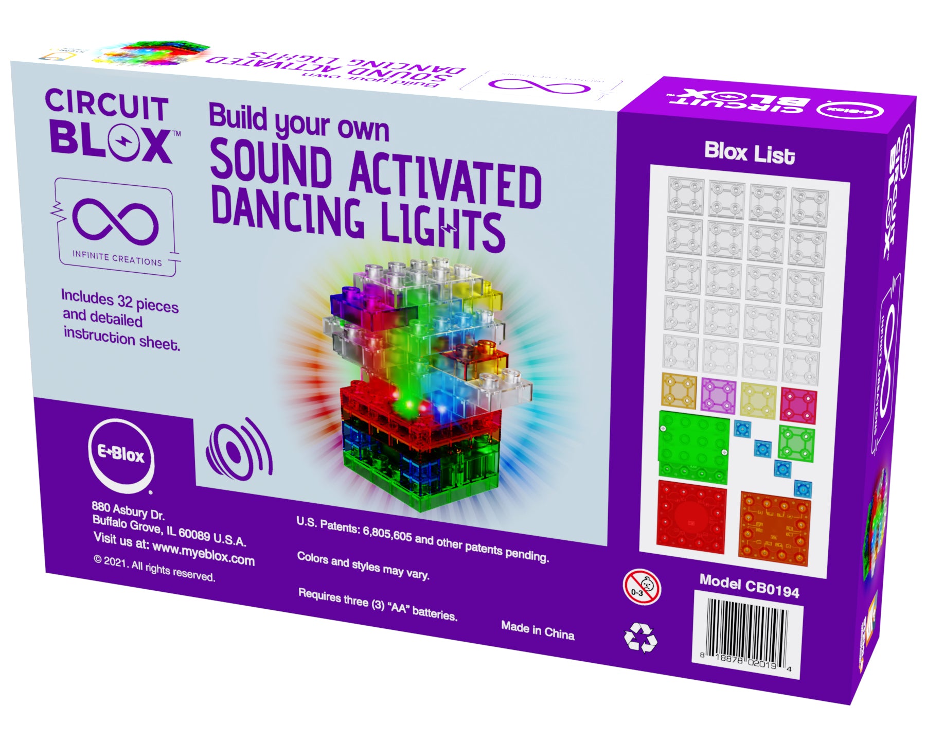 A vibrant box for the "Circuit Blox™ Sound Activated Dancing Lights" by E-Blox®. The front features an illuminated block creation with transparent building blocks. The package includes 32 pieces, a sound-activated module, detailed instructions, and it requires three AA batteries. There’s a Blox List on the side showing various block types.