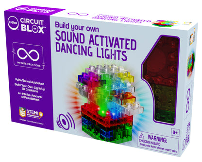 Image of the product box for Circuit Blox™ Sound Activated Dancing Lights by E-Blox®. The box features vibrant, transparent building blocks and highlights the "Build your own Sound Activated Dancing Lights" kit. It includes a choking hazard warning, is recommended for ages 8 and up, and holds a STEM certification.