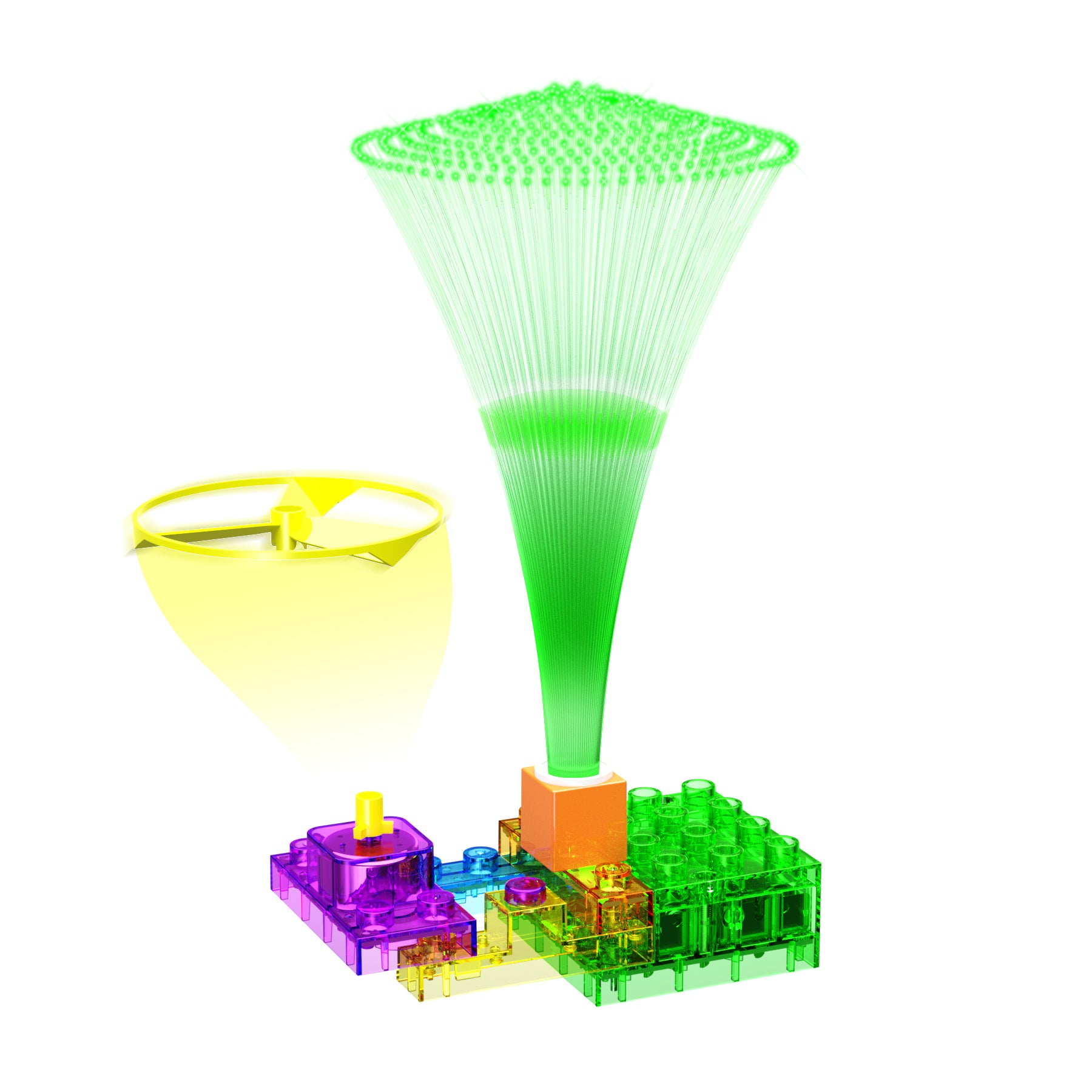 The Circuit Blox™ BYO Flying Saucer Circuit Board Building Blocks Toys by E-Blox showcases an abstract digital artwork featuring a vibrant, multicolored geometric structure with a green cone-shaped beam of light emanating from it. Nearby, there's a semi-transparent yellow cone resembling educational building blocks. The image blends colors such as green, purple, yellow, and orange seamlessly.