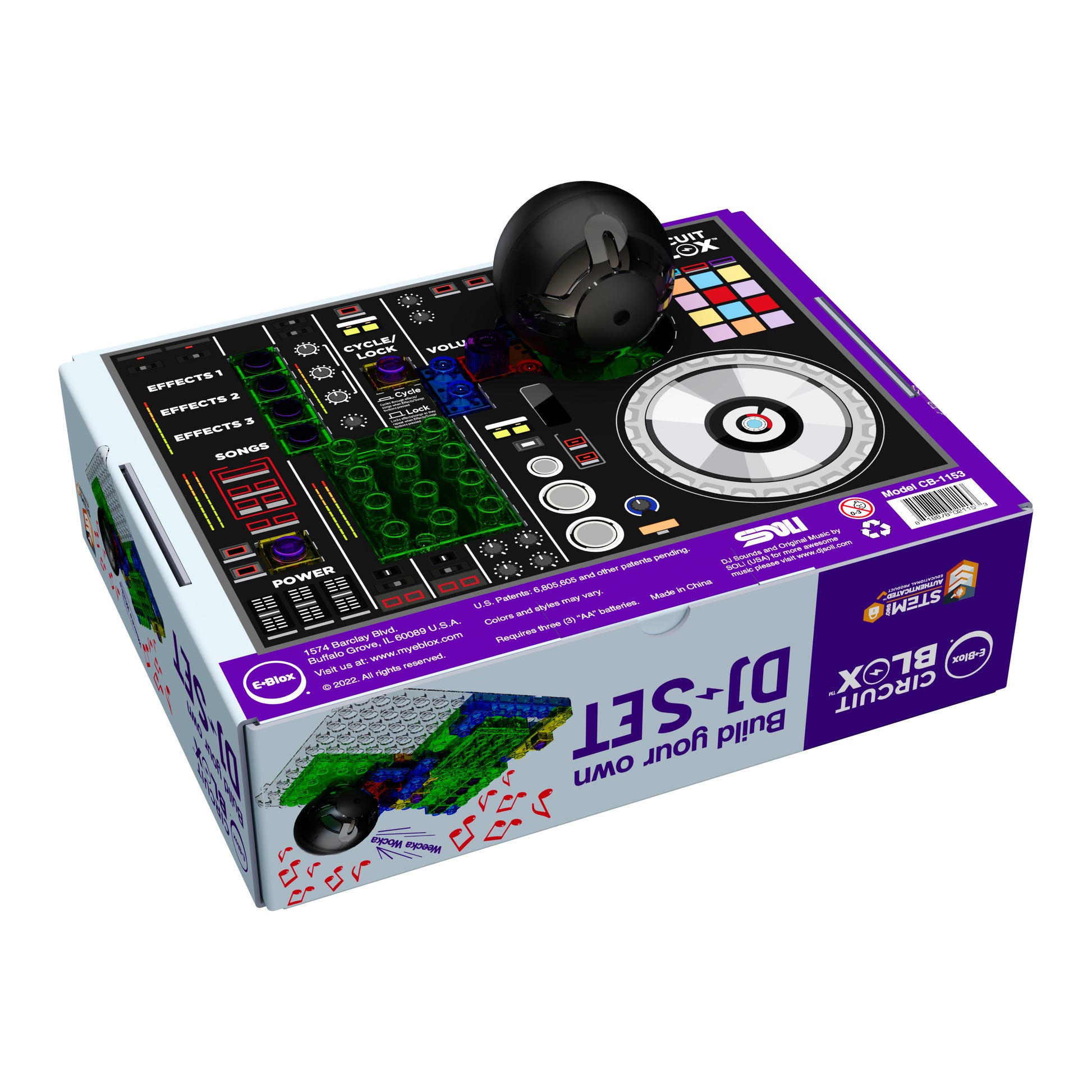 Build your own DJ Set circuit built and place in retail box with punch out areas so the circuit shows and the back of the box is a sample DJ turn table