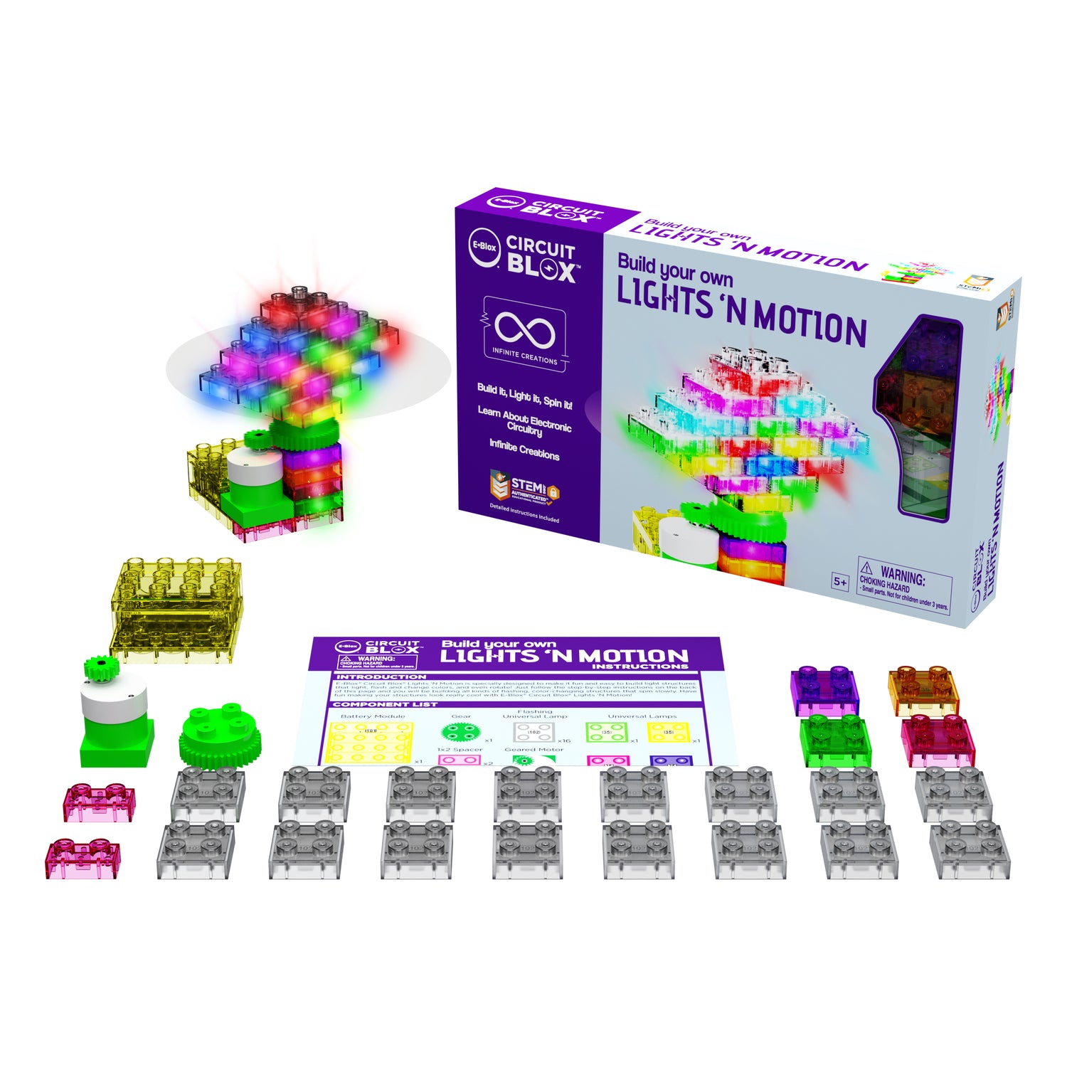 Image of an E-Blox Circuit Blox™ Lights 'n Motion- E-Blox® STEM learning set. The set features colorful LED blocks, a base, various connectors, a motor, and an instruction booklet. The box highlights exciting color-changing effects and emphasizes the educational benefits of hands-on play.