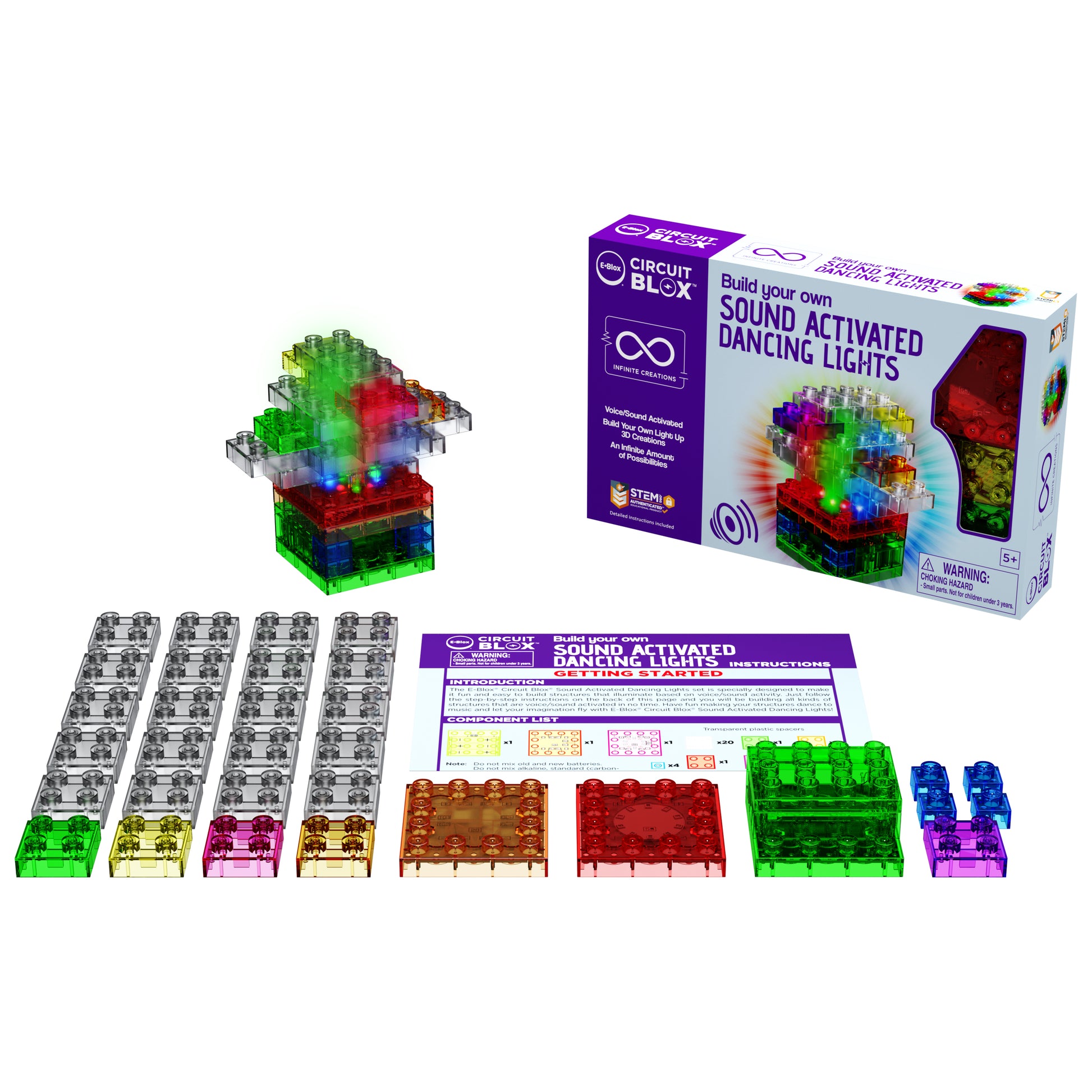 A STEM toy kit titled "Circuit Blox™ Sound Activated Dancing Lights - E-Blox®" with components laid out, including colorful interlocking plastic blocks, electronic parts, and an instruction manual. The box features an image of a vibrant light display and showcases the innovative sound-activated module for educational play by E-Blox.