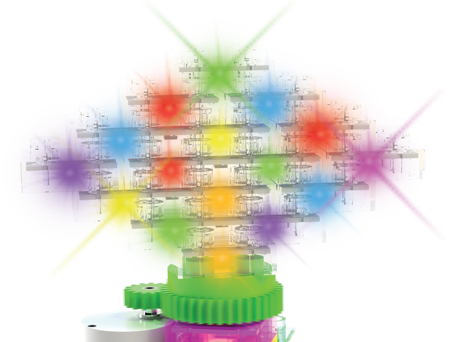 The Circuit Blox™ Lights 'n Motion- E-Blox® by E-Blox features a colorful, artistic depiction of a complex mechanical or electronic system with gears and numerous interconnected elements. Bright, multicolored light bursts from LED blocks in green, red, blue, yellow, and purple emanate from various points, creating a vibrant and dynamic effect.