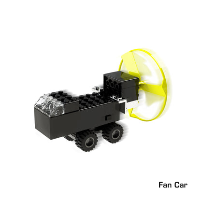 A compact black vehicle from the Power Blox Build Your Own Electric Car and More! by E-Blox features a transparent cockpit and six wheels. It sports a large yellow and white propeller at the back, with "Fan Car" written in the bottom right corner, indicating it is part of an exhilarating 10-in-1 set.