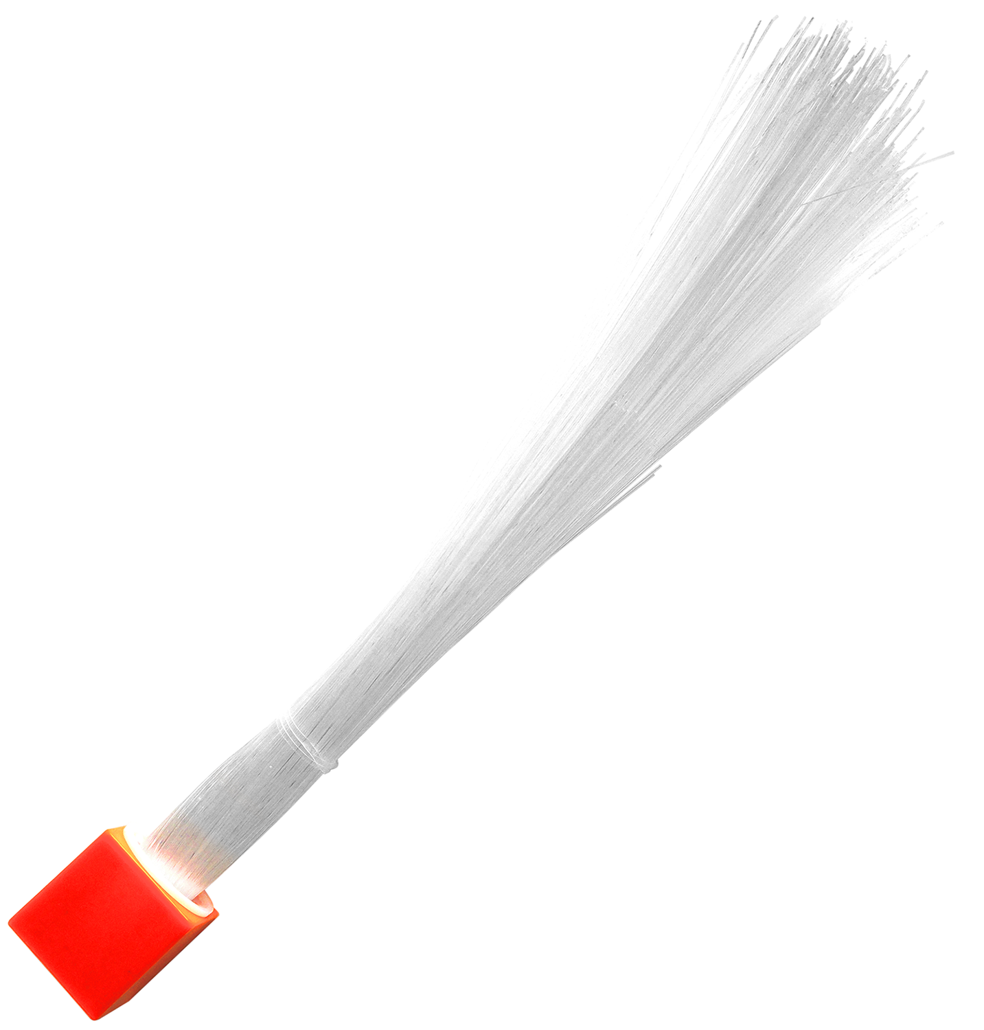 A bundle of white optical fiber strands extending from a small, rectangular, red base bears striking resemblance to the Circuit Blox™ - Fiber Optic Tree - E-Blox® by E-Blox. The fibers fan out at the top, and there is a subtle glow where they meet the base. The plain white background keeps the focus on this intriguing display.