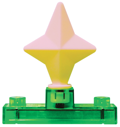 The Circuit Blox™ - LED Diamond by E-Blox® features a green translucent base with a white, four-pointed star on top, resembling a stylized, glowing tree topper. The LED-lit plastic base includes peg-like protrusions on either side, indicating it can attach to another object or structure.