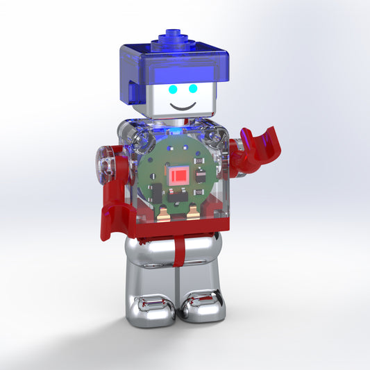 A small, toy-like robot named LUMEN®- Max - Illuminated Mini Figure, from E-Blox, Inc., stands upright against a white background. It has a blue transparent head with glowing blue eyes and a smiling face. The chest is also transparent, revealing internal circuitry. Part of the Mini PowerFigure series, this robot features red arms and silver legs.