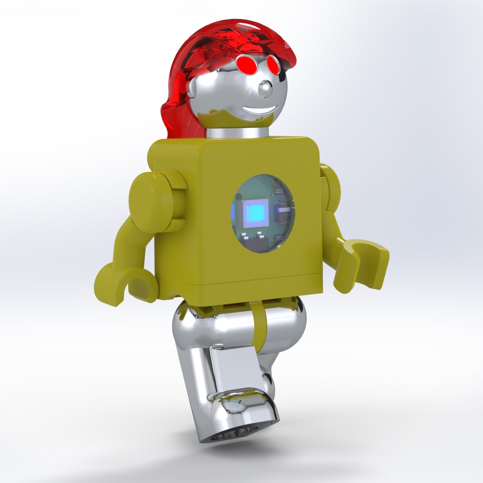 The LUMEN®- Ruby- Illuminated Mini Figure from E-Blox, Inc. is a shiny silver robot toy that features a yellow torso, red eyes, and a red translucent hat. It stands on a single metallic leg and includes a small screen with displayed data on its body along with blocky, articulated arms. The product is set against a plain white background.