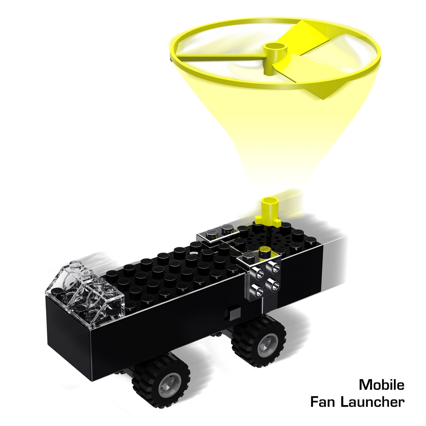 Image showing the "Power Blox Build Your Own Electric Car and More!" set by E-Blox, constructed from interlocking building blocks. The black vehicle has four wheels and a cockpit. A yellow fan is launched into the air from the vehicle, creating a light beam effect. Text reads "Mobile Fan Launcher." This 10-in-1 toy offers endless fun!