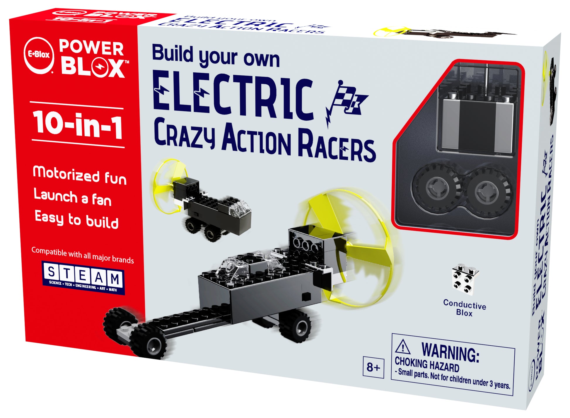 A product box for "Power Blox Build Your Own Electric Car and More!" by E-Blox. The set features 10-in-1 motorized fun, launching capabilities, and compatibility with major brands. It's recommended for ages 8+ and warns of small parts choking hazard.