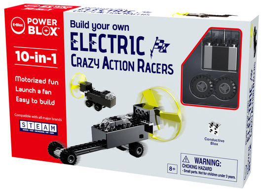 A product box for "Power Blox Build Your Own Electric Car and More!" by E-Blox. The set features 10-in-1 motorized fun, launching capabilities, and compatibility with major brands. It's recommended for ages 8+ and warns of small parts choking hazard.