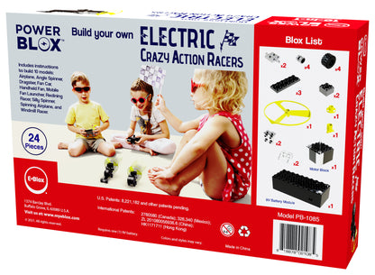 The image shows a box of "Power Blox Build Your Own Electric Car and More!" from E-Blox, with illustrations of two children playing with the toys. The bottom right corner features a detailed list of included parts such as blocks, propellers, and a motor module. This 10-in-1 kit is model PB-1085.