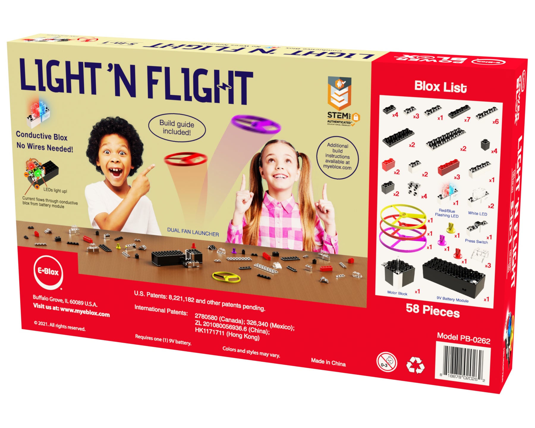 Box for "Power Blox™ Light 'N Flight 5-in-1 Set" from E-Blox, featuring two excited children with various components laid out in front of them. The box highlights the STEAM curriculum with "Conductive Blox" and includes a build guide and a dual fan launcher. Product info and a list of pieces are shown.