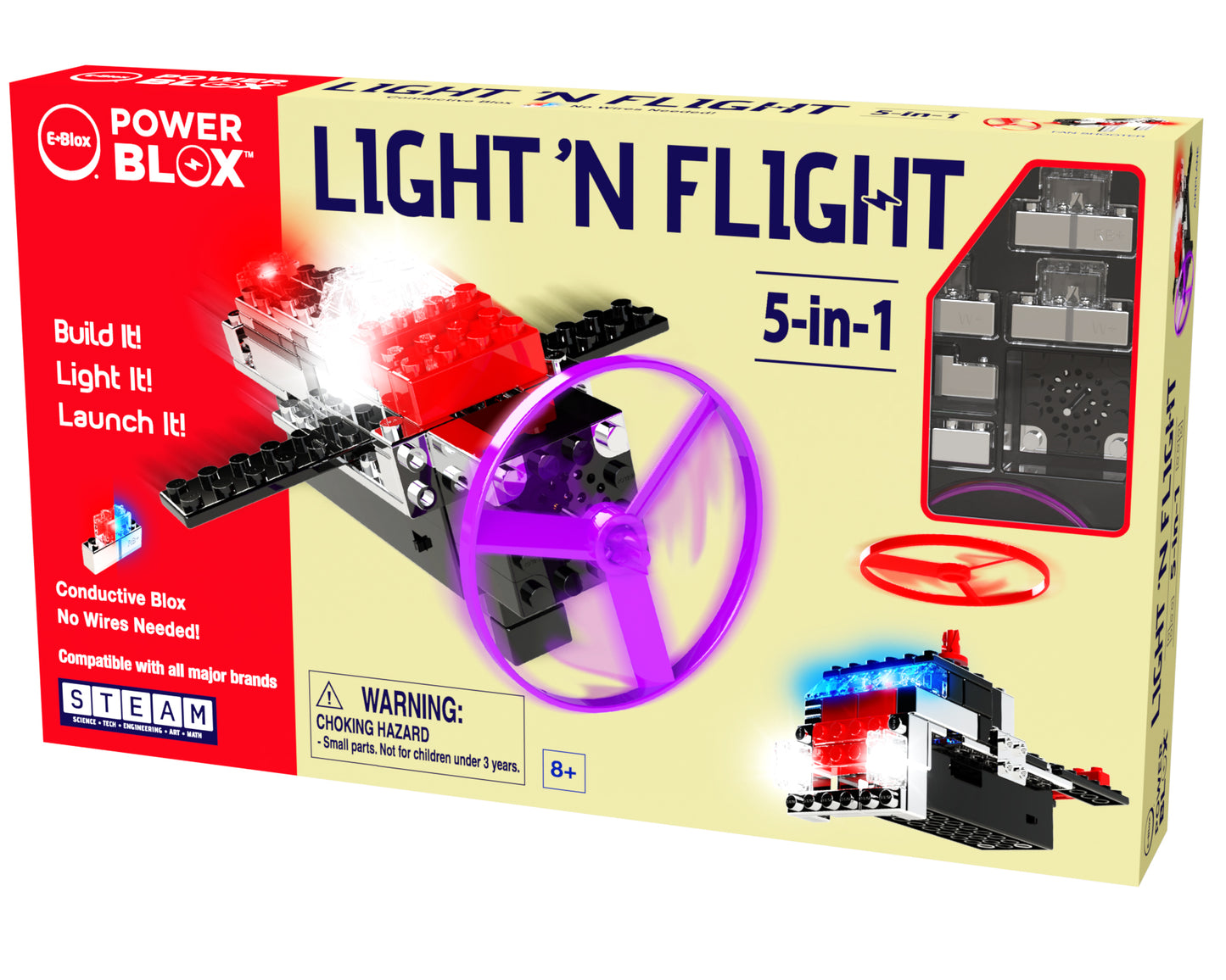 The image shows a box of the "Power Blox™ Light 'N Flight 5-in-1 Set" from E-Blox. Emphasizing five different projects, this STEAM curriculum toy brick set encourages building, lighting, and launching structures. It's compatible with major brands and suitable for ages 8+, with a note on choking hazards.