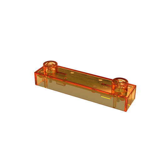 A transparent orange LEGO-like brick provided by E-Blox, Inc., similar to a Circuit Blox 100K Ohm Resistor. It's a standard rectangular 2x8 module with two circular studs on the top. The clean brick has a smooth, glossy surface that reflects light beautifully against a completely white background.