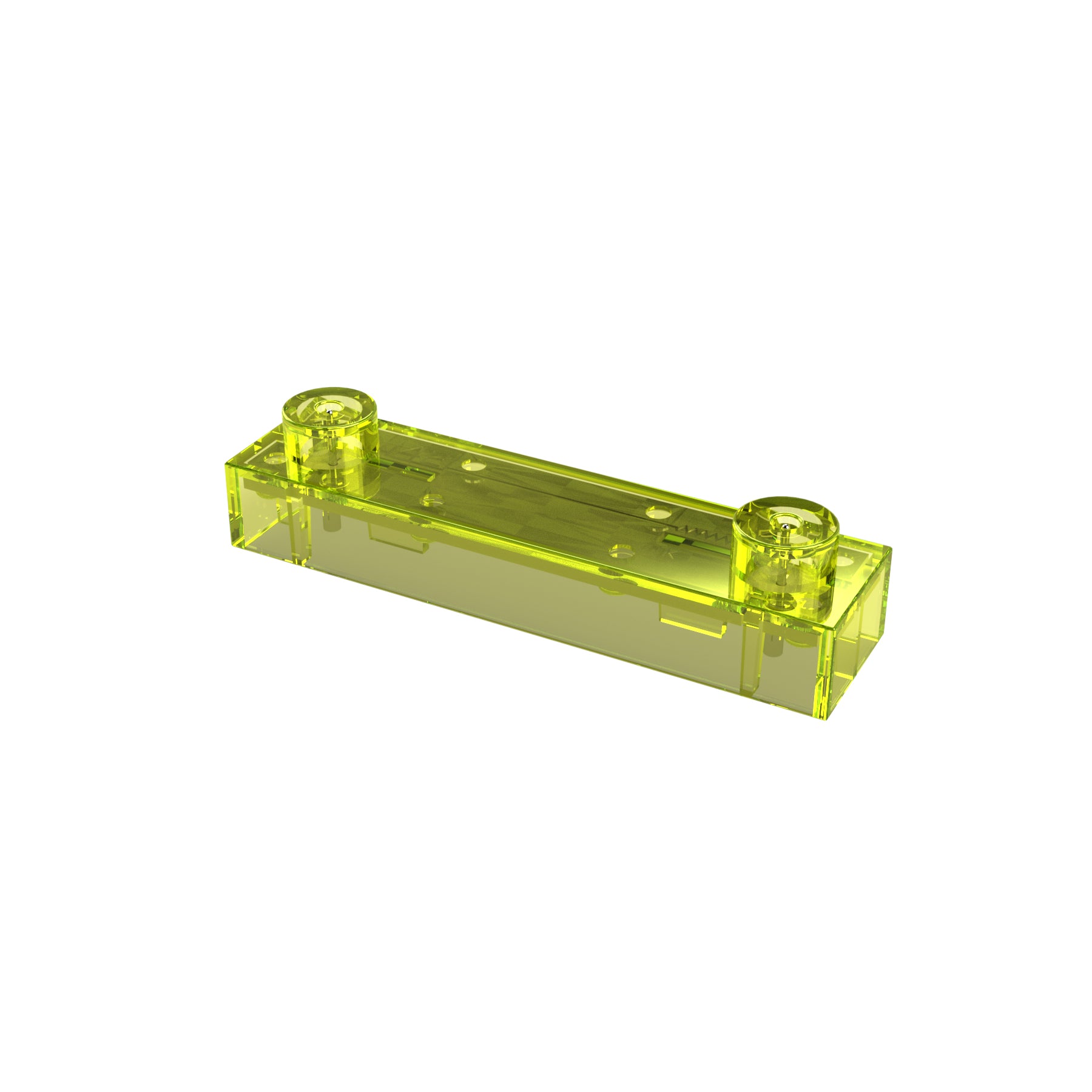 The Circuit Blox 1K Ohm Resistor by E-Blox, Inc. resembles a transparent yellow rectangular LEGO brick with two studs on top, positioned at each end. It features a smooth surface with visible interlocking elements, making it ideal for circuit prototype projects.