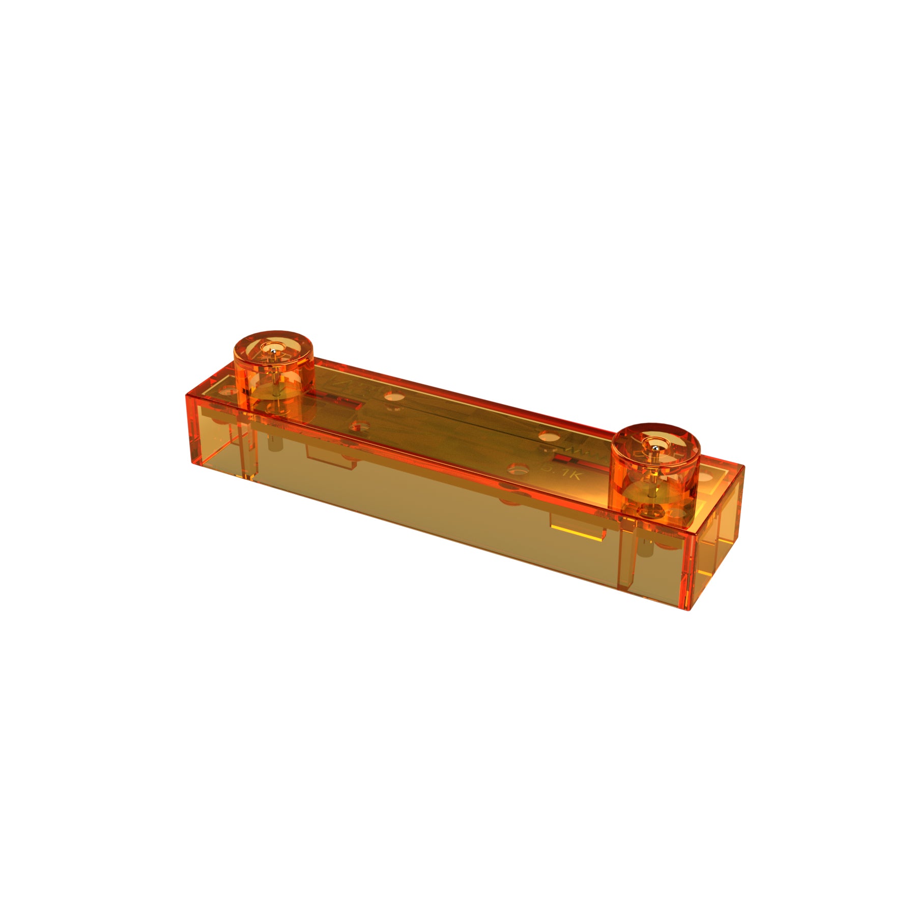 A single translucent orange Lego brick with a 2x8 stud configuration is shown. The shiny brick is photographed against a plain white background, reminiscent of the intricate components found in E-Blox, Inc.'s Circuit Blox 5.1K Ohm Resistor sets.
