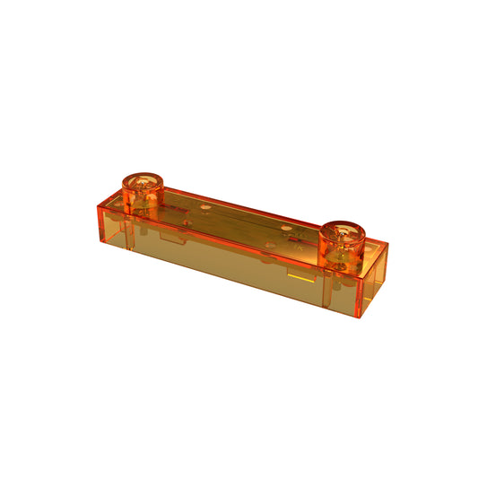 A single translucent orange Lego brick with a 2x8 stud configuration is shown. The shiny brick is photographed against a plain white background, reminiscent of the intricate components found in E-Blox, Inc.'s Circuit Blox 5.1K Ohm Resistor sets.