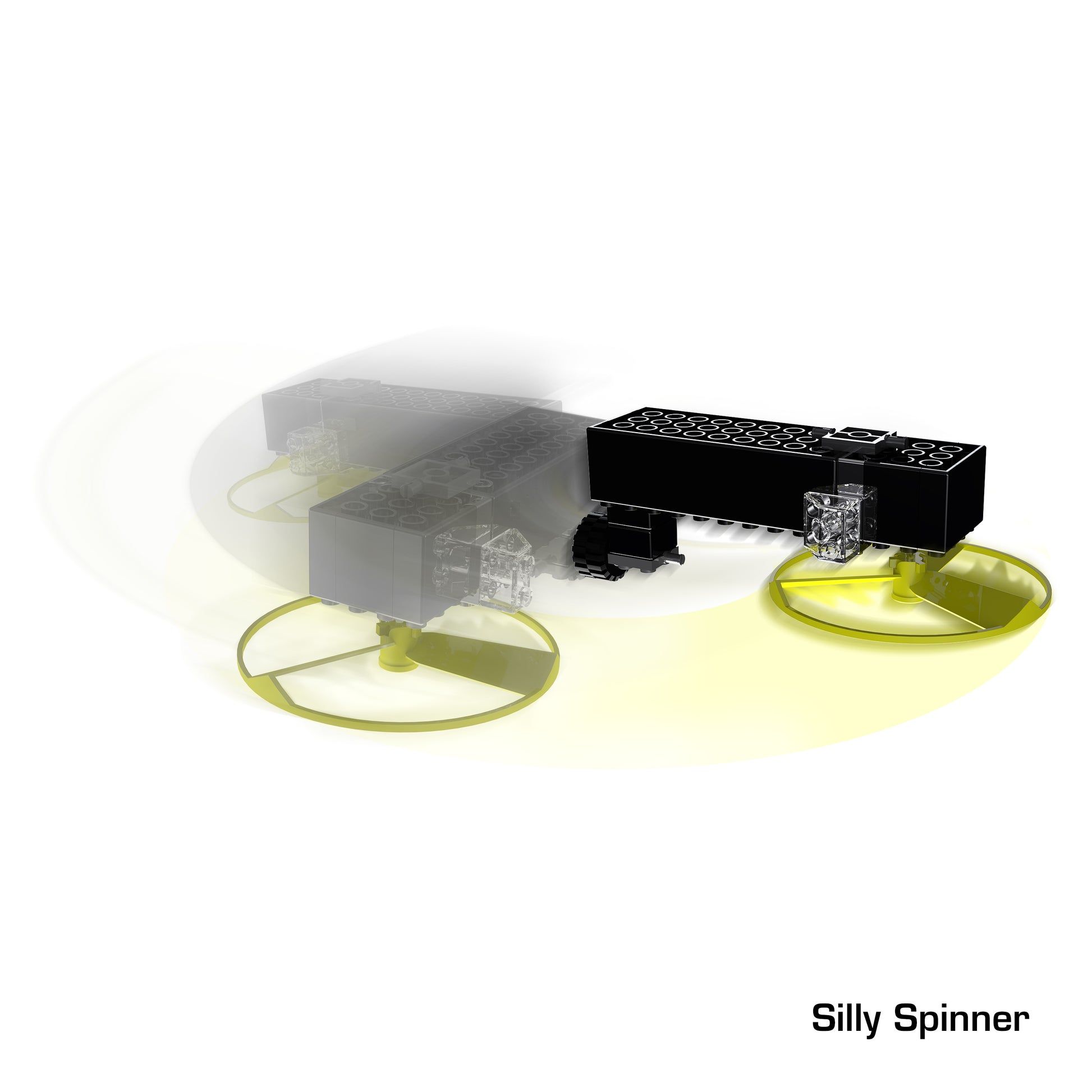 A LEGO toy named "Power Blox Build Your Own Electric Car and More!" by E-Blox, featuring two yellow circular pieces on each side, is shown in motion with a blurred trail effect indicating it is spinning. The 10-in-1 set image has a white background, with the product name "Power Blox Build Your Own Electric Car and More!" written in the bottom right corner.