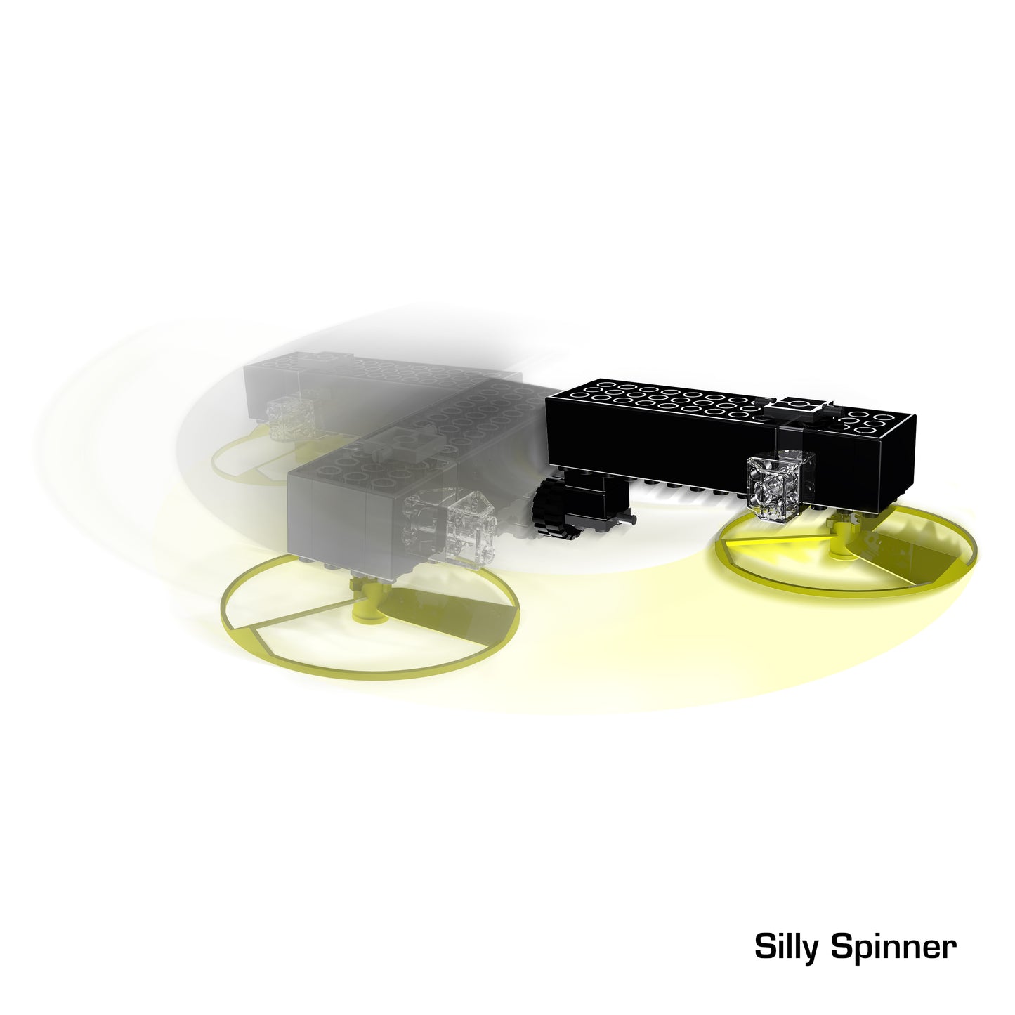 A creation labeled "Silly Spinner" from the E-Blox product "Power Blox Build Your Own Electric Car and More!" appears to be in motion. The image features a trail effect to emphasize the spinning motion of the toy, with its silhouette repeated three times in a gradient pattern, making it look like an innovative part of this versatile 10-in-1 set.