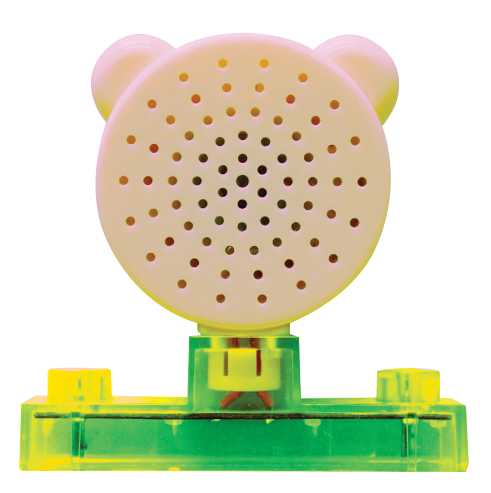 A cute bear-shaped, handheld fan. The fan is white with small ventilation holes on the front, and it is mounted on a vibrant green and yellow stand inspired by the E-Blox Speaker Block for Circuit Builder. The stand appears to be clear and may be made of plastic.