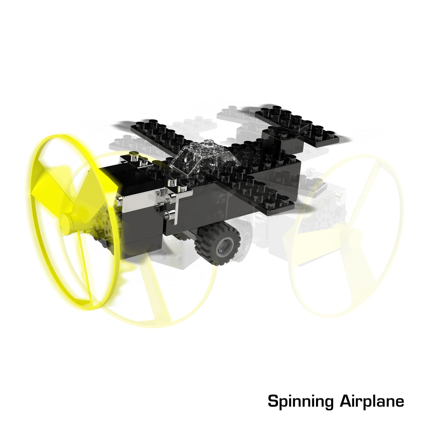 A LEGO airplane with a black body and yellow propellers that appear to be spinning is shown. Below the image, there is a caption that reads "Spinning Airplane." This impressive set also highlights E-Blox's innovation similar to their product, Power Blox Build Your Own Electric Car and More!