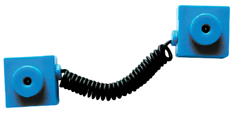 The "Spring Wire for Circuit Builder" by E-Blox is a blue plastic toy that features two square blocks connected by a black spring wire. Each block contains a circular indentation in the center, resembling the earpieces and mouthpiece of a toy telephone, making it an ideal tool for young circuit builders.