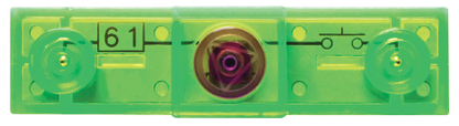 A green Press Switch Block for Circuit Builder from E-Blox features a central purple-tinged vial that is clearly visible. This tool, indispensable for any circuit builder, includes measurement markings, black tick marks, and small level adjustment features on either side. The vial contains a small bubble used to determine an even horizontal plane.