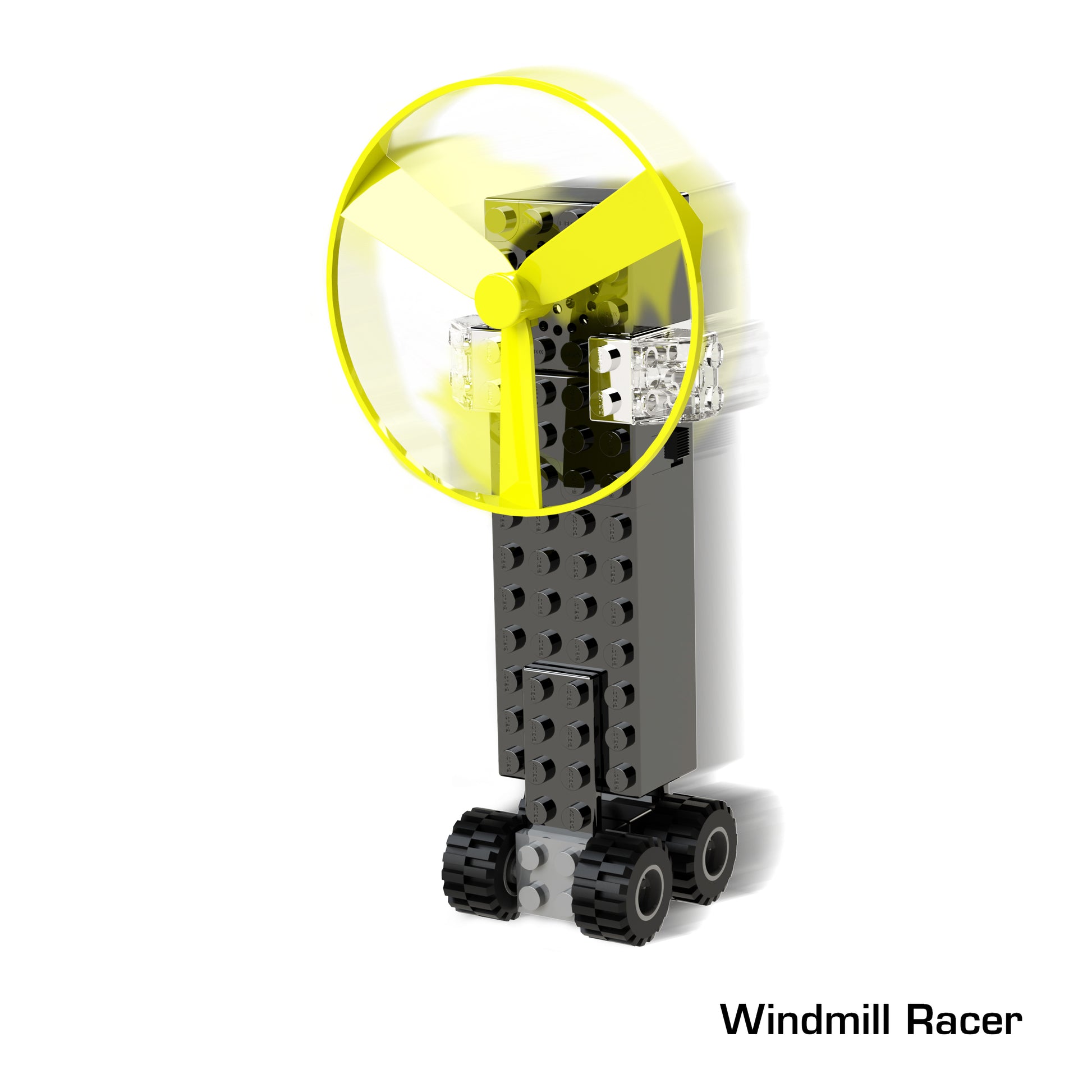 A LEGO structure named "Power Blox Build Your Own Electric Car and More!" by E-Blox, featuring a vertical black base with four wheels, topped by a large yellow propeller. This 10-in-1 set stands out against a white background, with the text "Power Blox Build Your Own Electric Car and More!" in the bottom right corner.