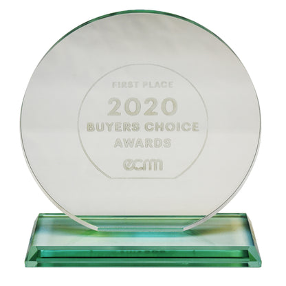 A circular glass award with the inscription "FIRST PLACE" at the top, followed by "2020 BUYERS CHOICE AWARDS" and the E-Blox logo at the bottom. The award rests on a rectangular glass base, which is enhanced with a light display that creates a reflective effect.