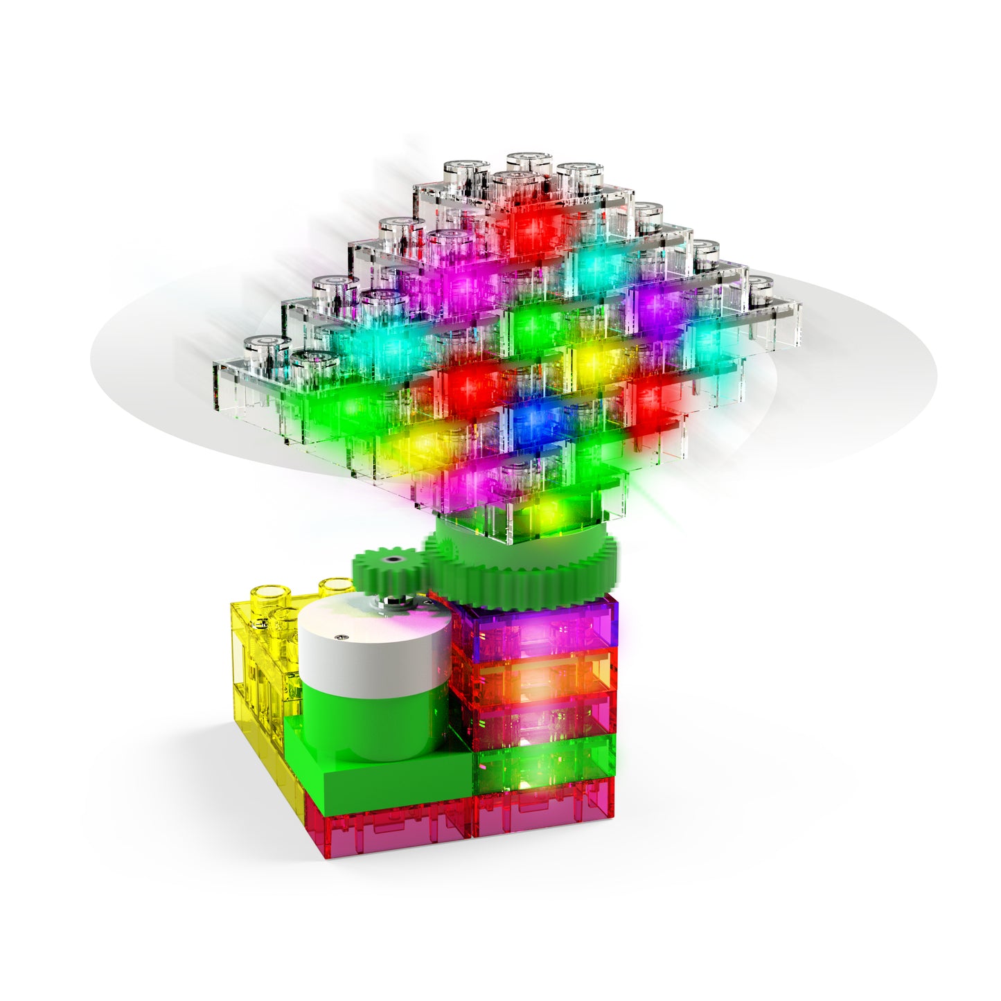 The Circuit Blox™ Lights 'n Motion by E-Blox® is a vibrant, illuminated 3D Christmas tree crafted from transparent LED blocks. This educational kit for kids includes multiple layers adorned with bright multicolored lights. Its base consists of green, red, yellow, and clear blocks that support the trunk and foliage, creating an enchanting light display.