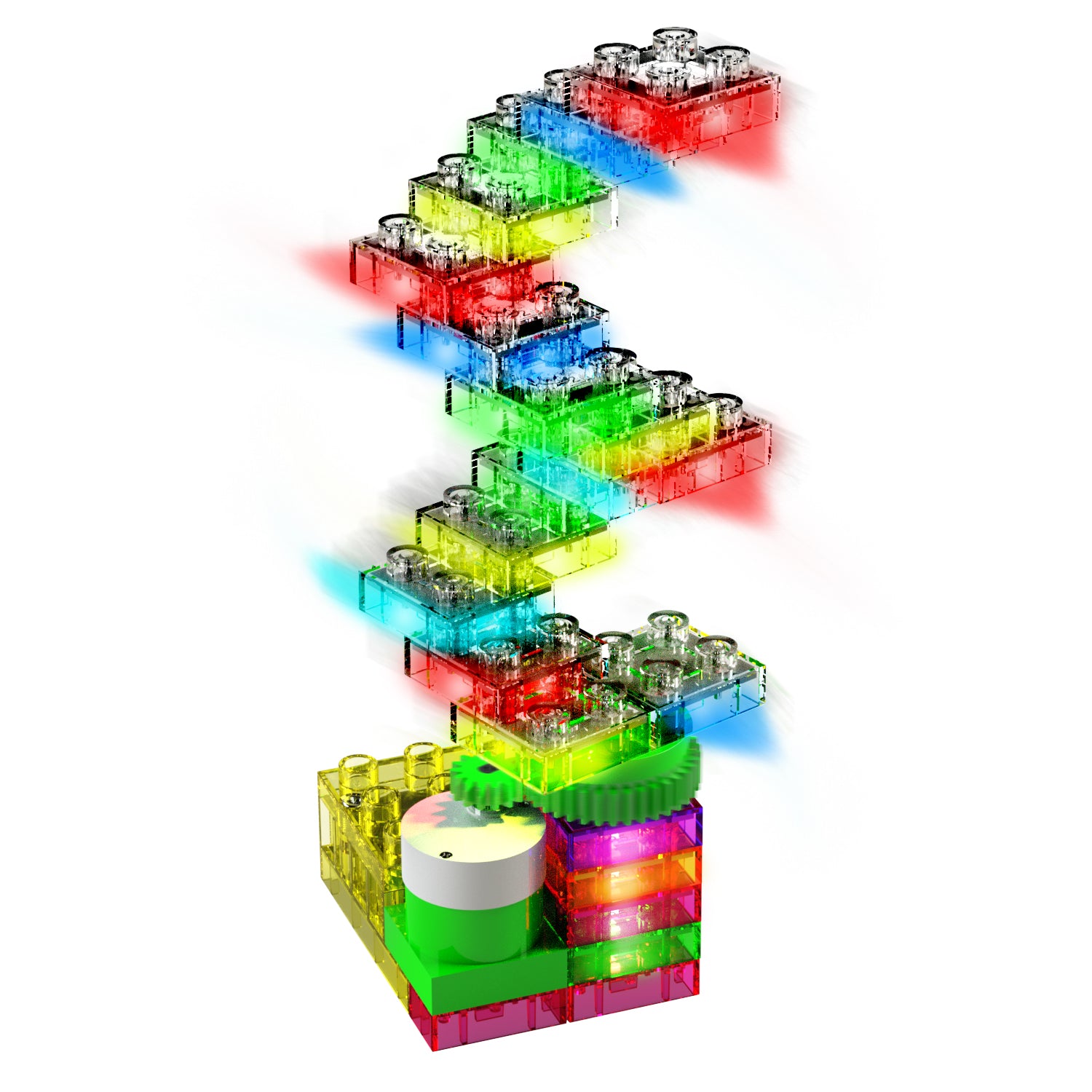 A vibrant 3D structure composed of transparent interlocking LED blocks from the Circuit Blox™ Lights 'n Motion- E-Blox® set by E-Blox, is arranged in a spiral staircase ascending diagonally from the lower left to the upper right of the image. The blocks are tinted in a spectrum of colors including red, orange, yellow, green, blue, and purple.